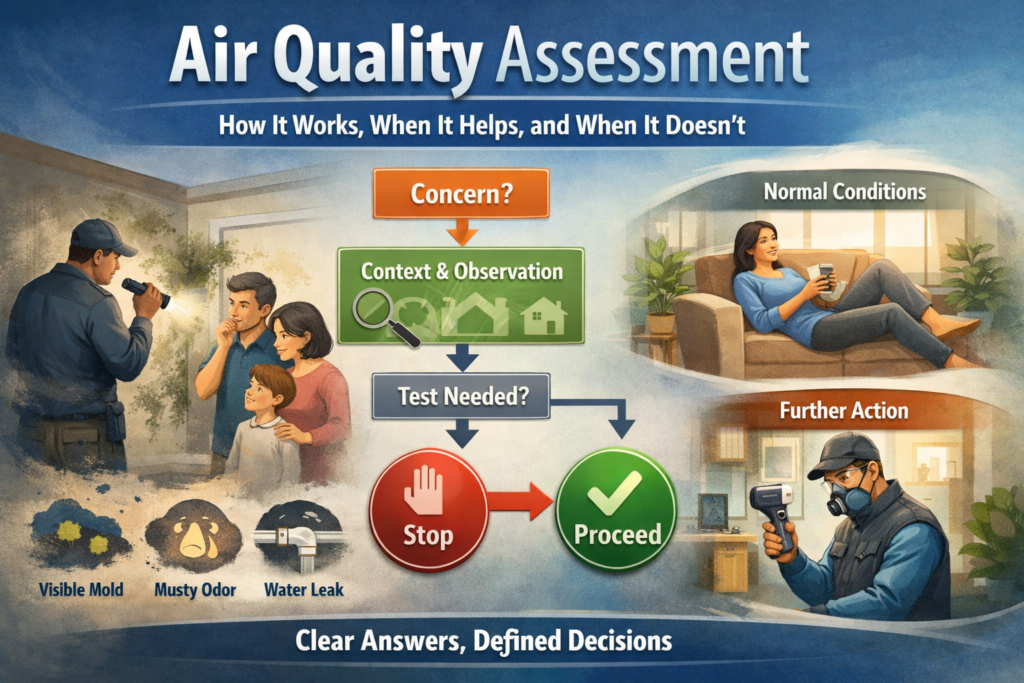 Decision flowchart: Concern → Context → Observation → Test needed? → Decision / Stop