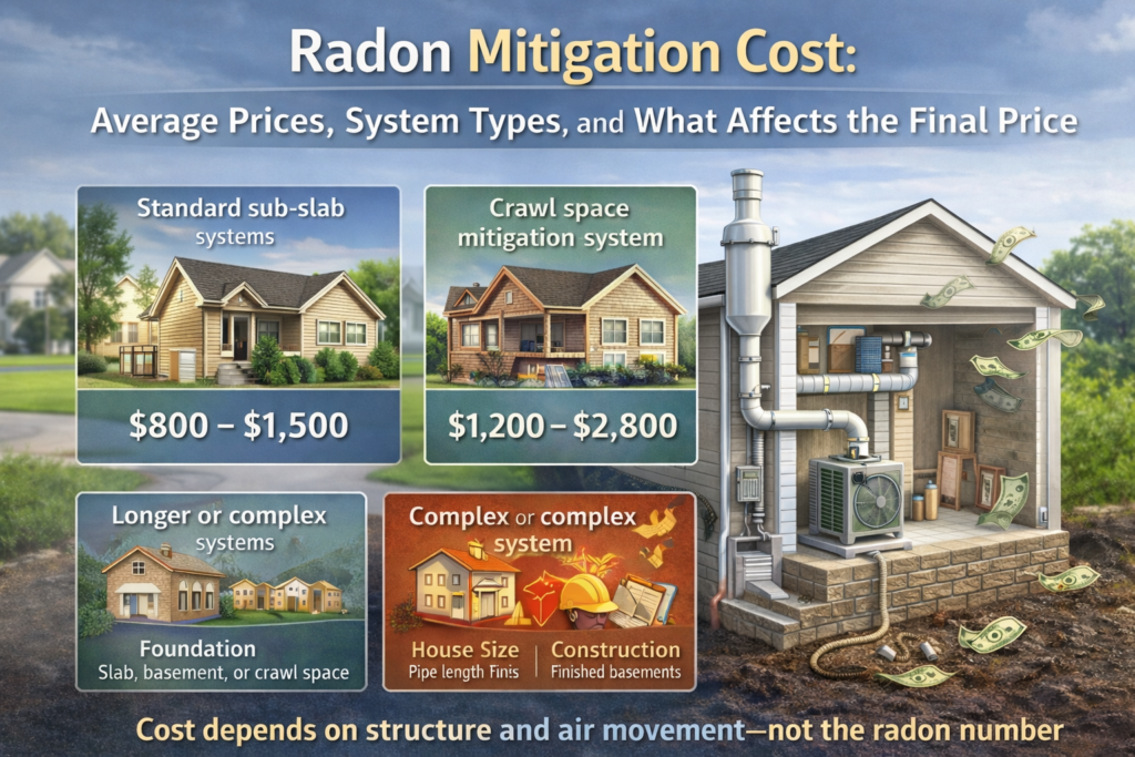 Radon Mitigation Cost: Average Prices, System Types, and What Affects the Final Price Timeline diagram: assessment → testing → monitoring