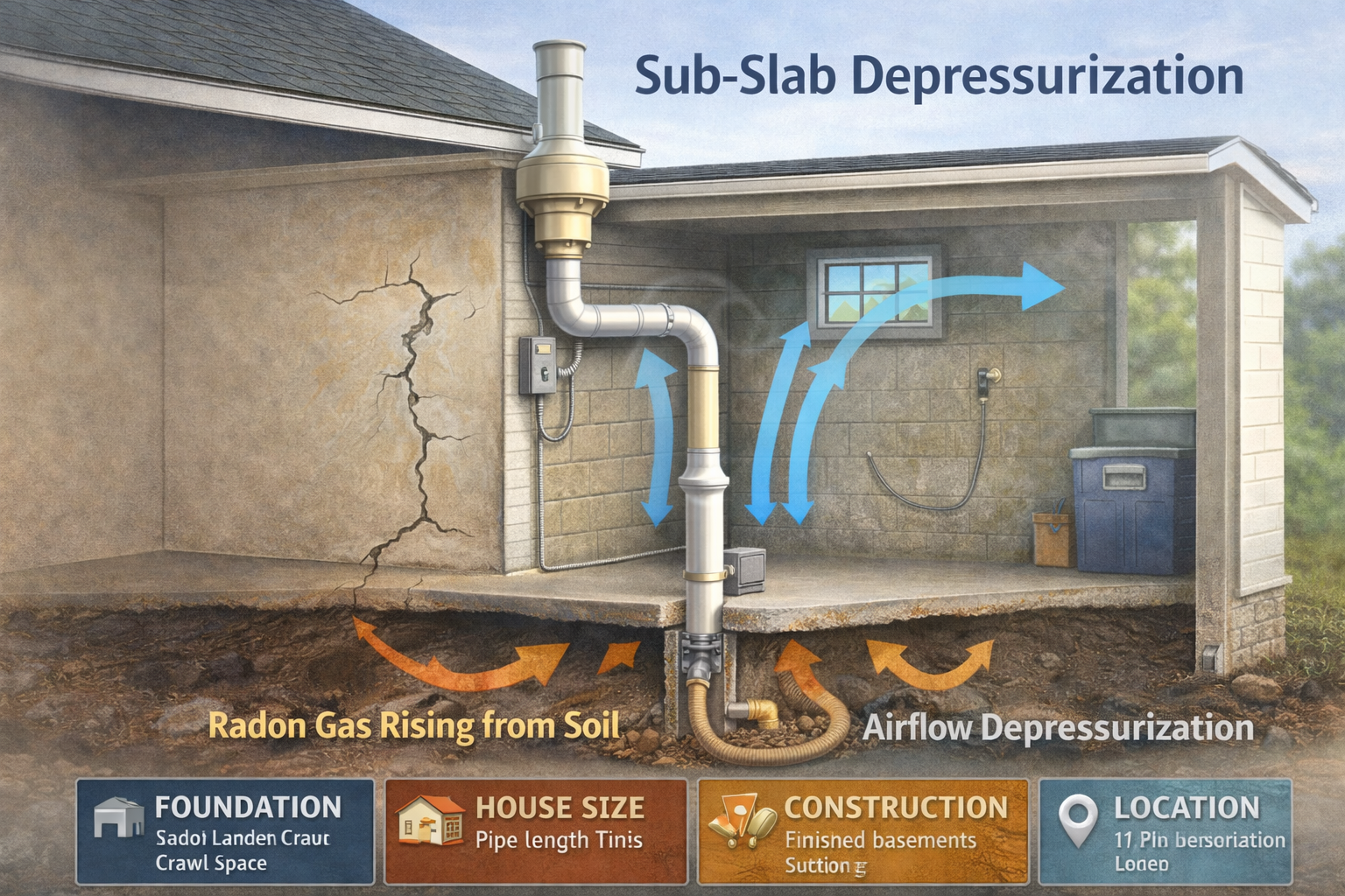 Sub-slab depressurization diagram with airflow arrows