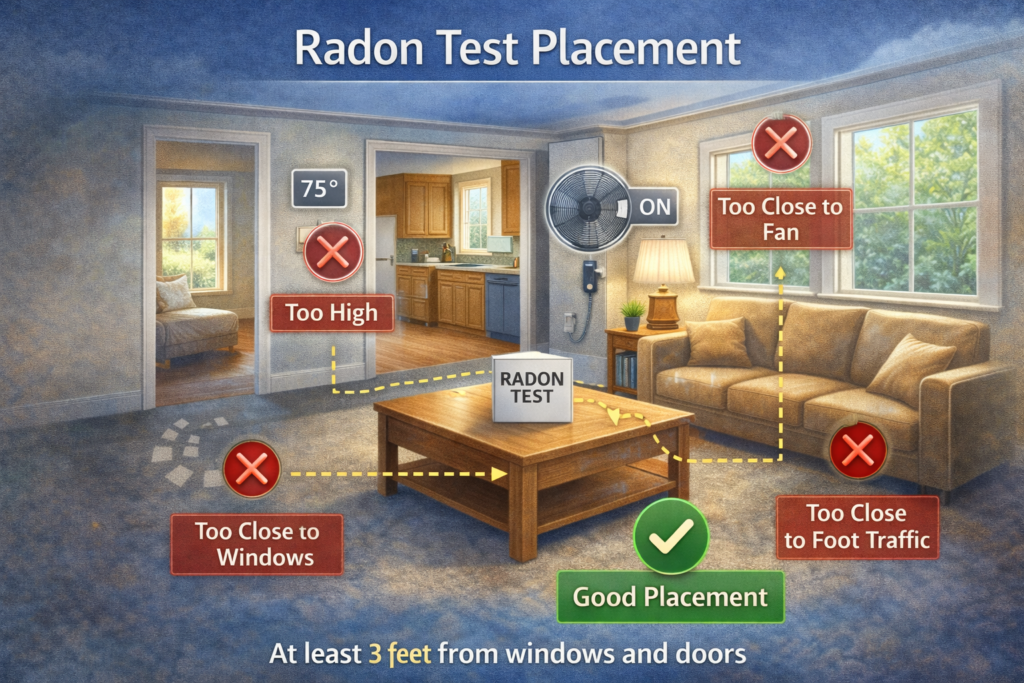 Radon Testing: When to Test, Which Test to Use, and How to Decide What Comes Next Radon test placement diagram