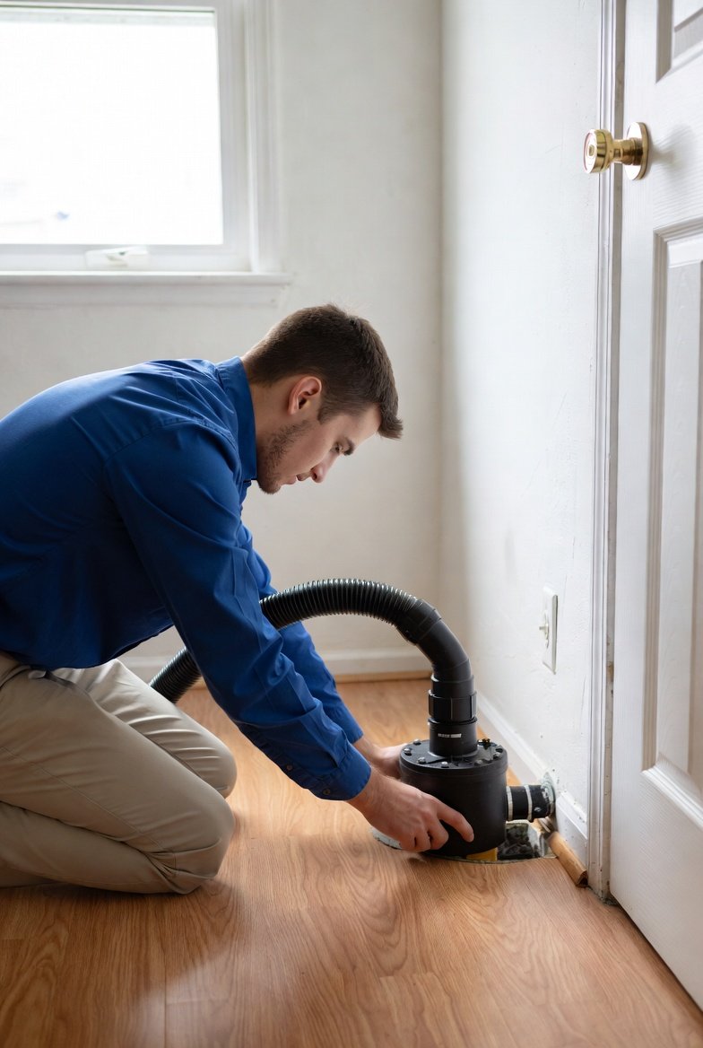 Exterior-mounted radon fan on PVC piping