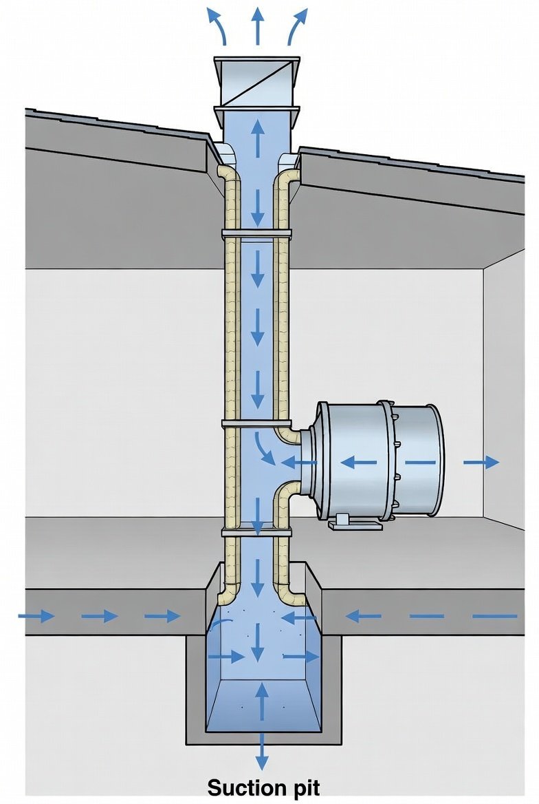 Cross-section: slab → suction pit → fan → vent above roofline.